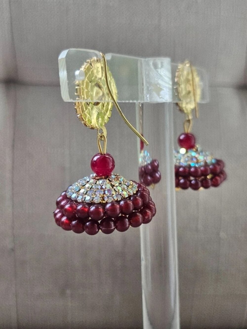 Indian Jhumka Earrings Burgundy Tone Beads Gold Tone Ethnic Fashion Ear Jewelry - Picture 5 of 13